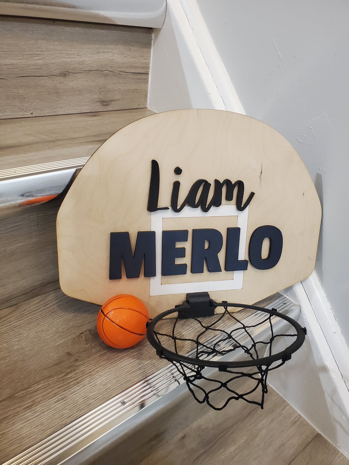 Wood basketball hoop door name sign, door hanger, mini basketball hoop sign