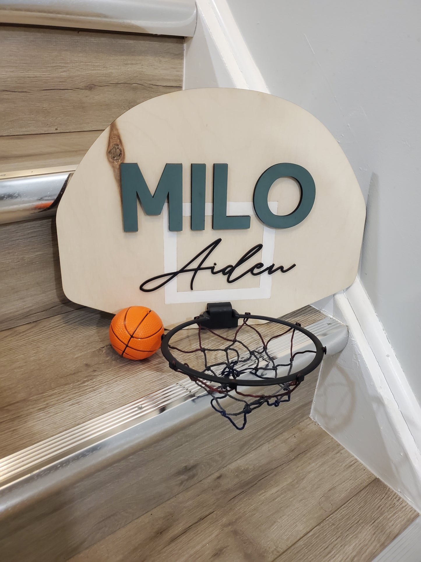 Wood basketball hoop door name sign, door hanger, mini basketball hoop sign