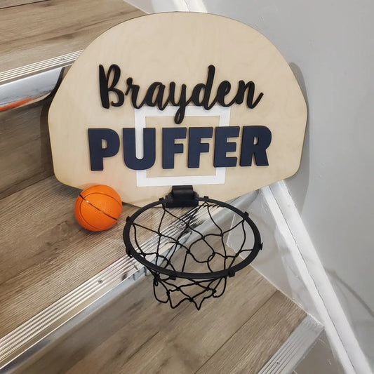 Wood basketball hoop door name sign, door hanger, mini basketball hoop sign